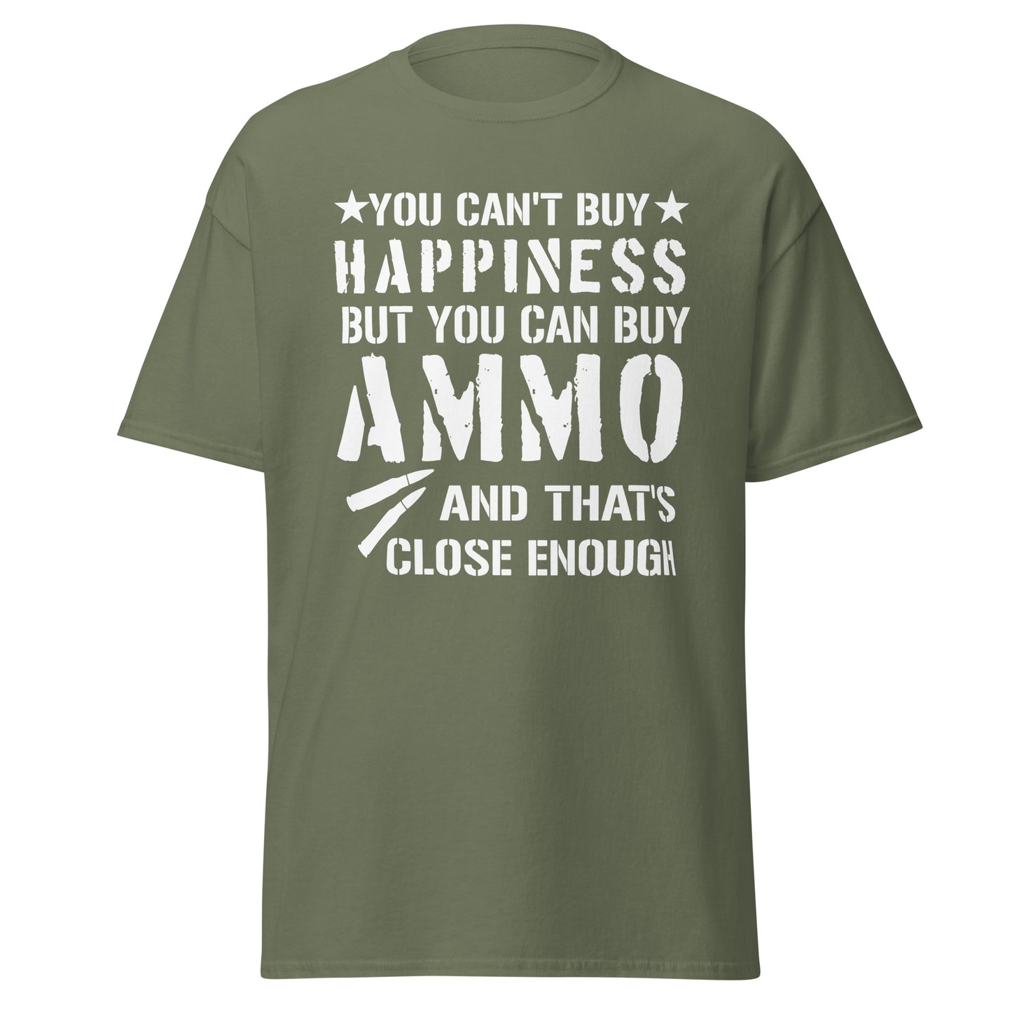 Green second amendment t-shirt that says you cant buy happiness but you can buy ammo with 2 bullets on it.