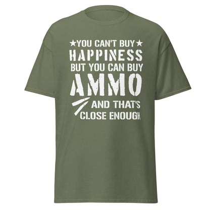 Green second amendment t-shirt that says you cant buy happiness but you can buy ammo with 2 bullets on it.
