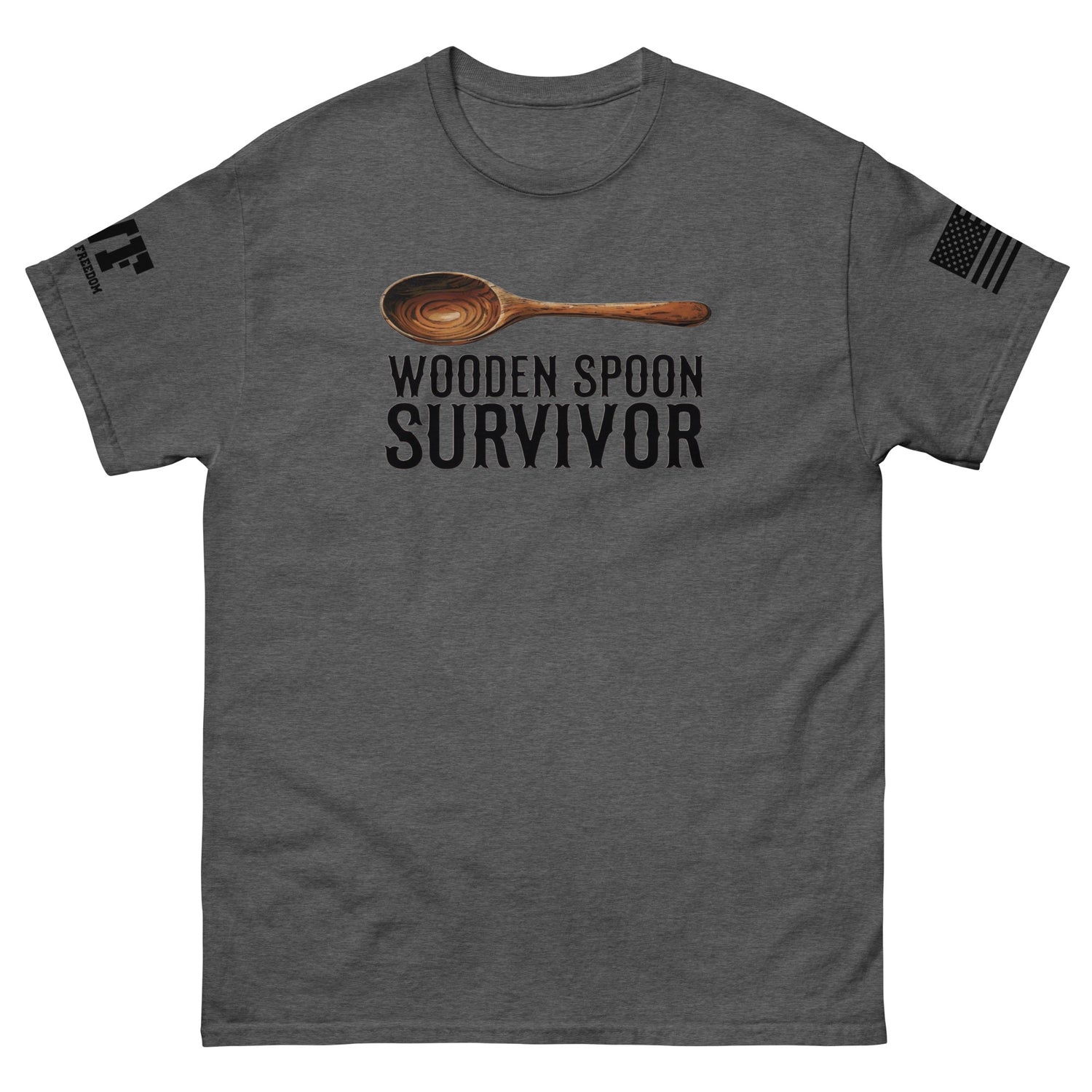 Grey Shirt with a picture of a wooden spoon that says wooden spoon survivor